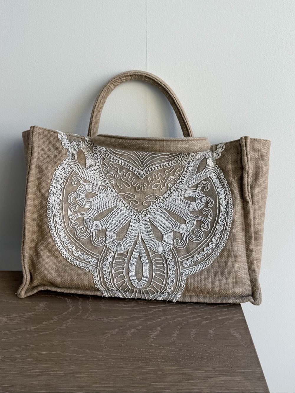 Embroidered Tan Canvas Tote with White Detail - Picture 5 of 6